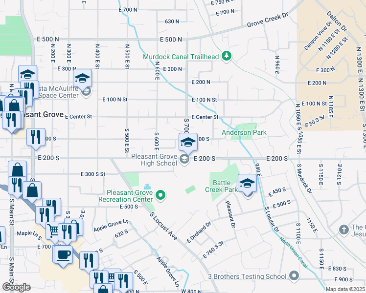 map of restaurants, bars, coffee shops, grocery stores, and more near 141 South 670 East Street in Pleasant Grove