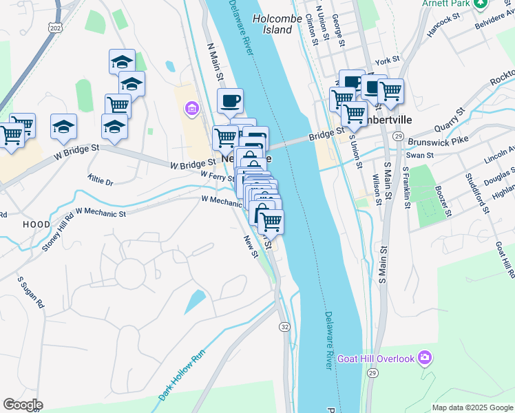 map of restaurants, bars, coffee shops, grocery stores, and more near 77 South Main Street in New Hope