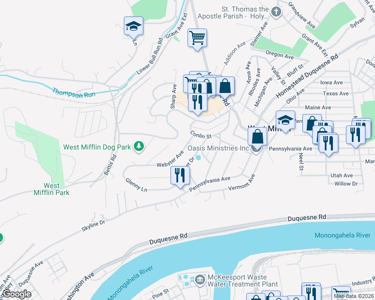 map of restaurants, bars, coffee shops, grocery stores, and more near 2311 Webster Avenue in West Mifflin
