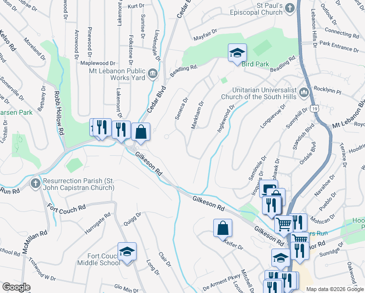 map of restaurants, bars, coffee shops, grocery stores, and more near 190 Seneca Dr in Pittsburgh