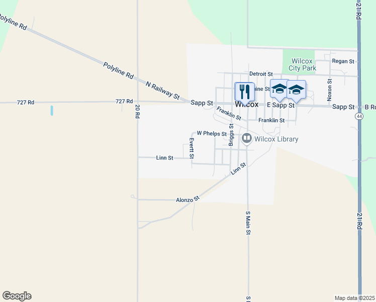map of restaurants, bars, coffee shops, grocery stores, and more near 307 South Everett Street in Wilcox