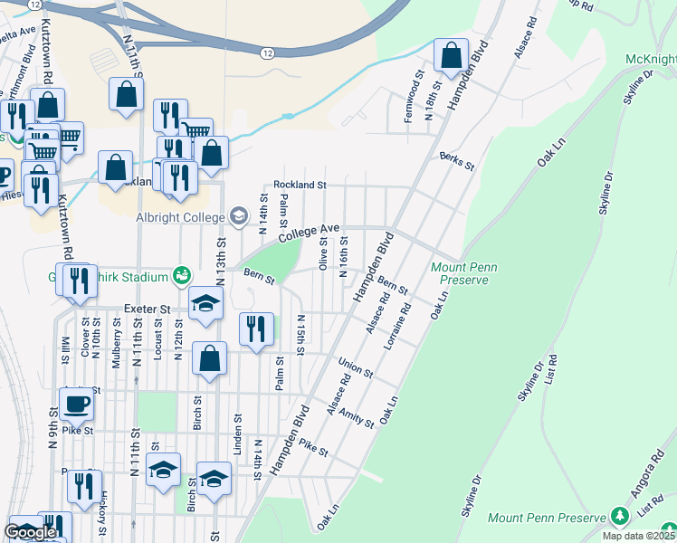 map of restaurants, bars, coffee shops, grocery stores, and more near 1730 North 16th Street in Reading