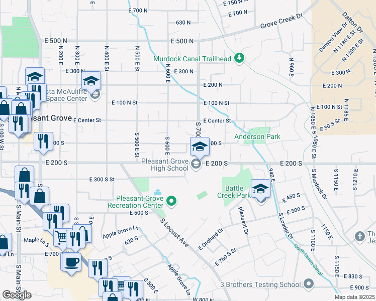 map of restaurants, bars, coffee shops, grocery stores, and more near 141 South 670 East Street in Pleasant Grove