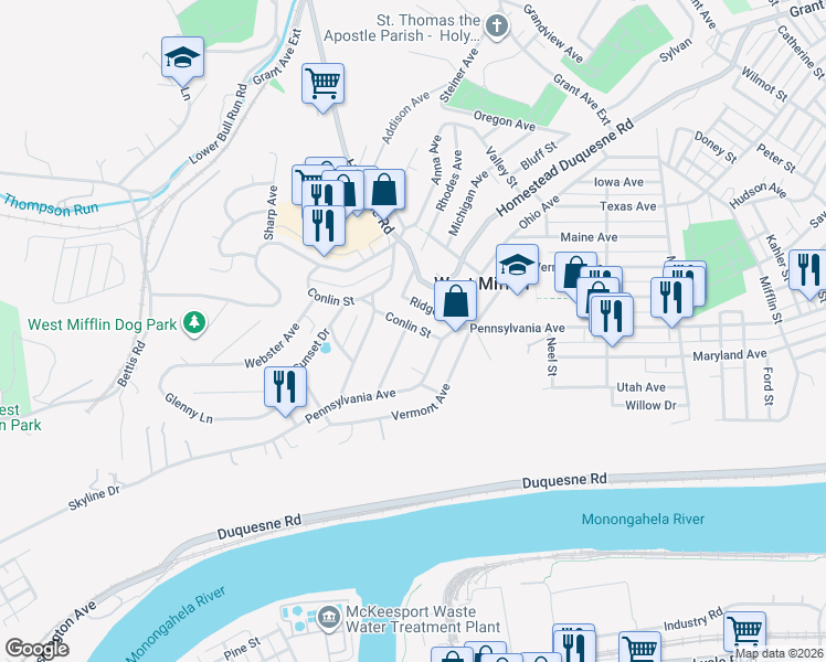 map of restaurants, bars, coffee shops, grocery stores, and more near 2103 Carolina Avenue in West Mifflin