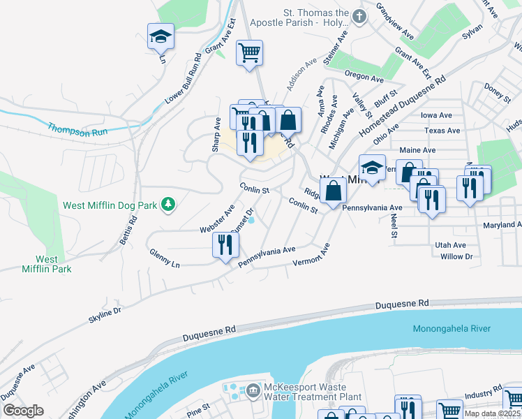 map of restaurants, bars, coffee shops, grocery stores, and more near 2215 Sunset Dr in West Mifflin