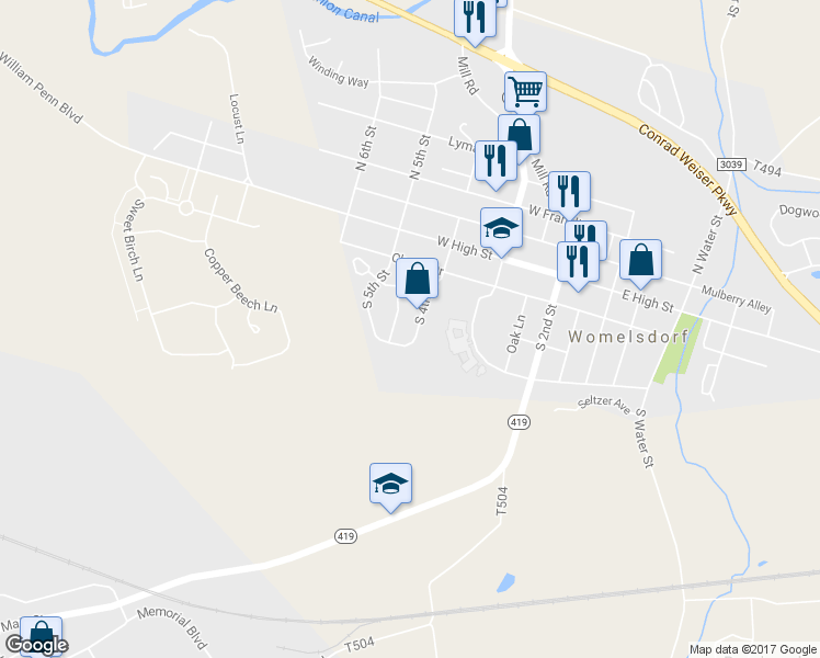 map of restaurants, bars, coffee shops, grocery stores, and more near 216 S 4th St in Womelsdorf