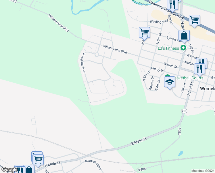 map of restaurants, bars, coffee shops, grocery stores, and more near 53 Rosebush Court in Womelsdorf