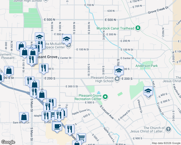 map of restaurants, bars, coffee shops, grocery stores, and more near 137 South 500 East in Pleasant Grove