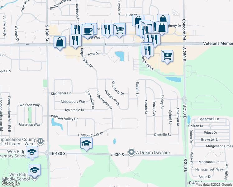 map of restaurants, bars, coffee shops, grocery stores, and more near 2228 Kingsbury Dr in Lafayette
