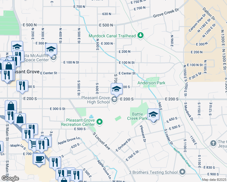 map of restaurants, bars, coffee shops, grocery stores, and more near 141 South 670 East Street in Pleasant Grove