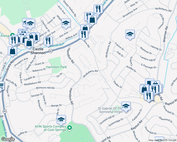 map of restaurants, bars, coffee shops, grocery stores, and more near 294 Castle Road in Pittsburgh