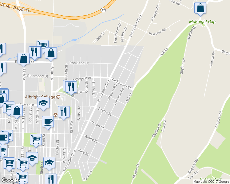 map of restaurants, bars, coffee shops, grocery stores, and more near 1825 Alsace Road in Reading