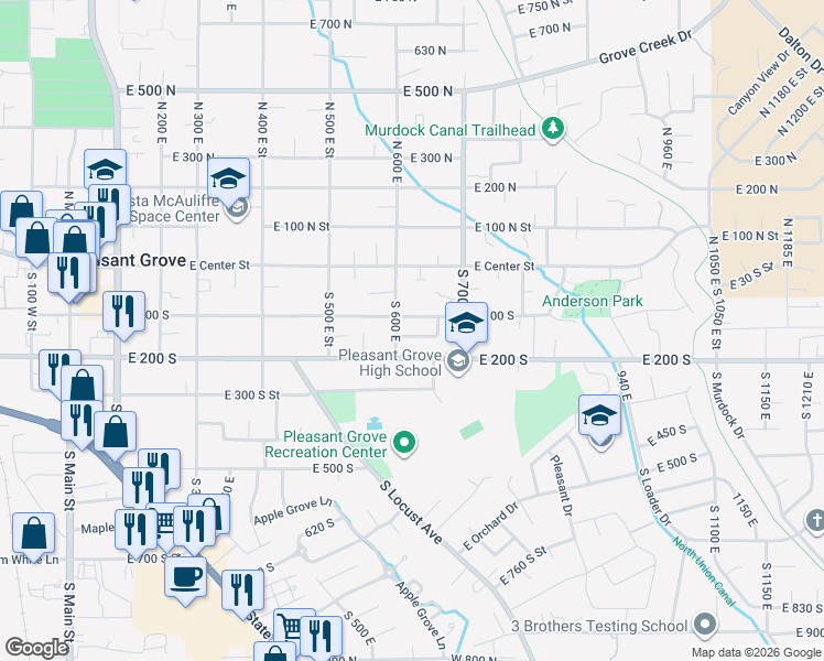 map of restaurants, bars, coffee shops, grocery stores, and more near 627 150 South in Pleasant Grove