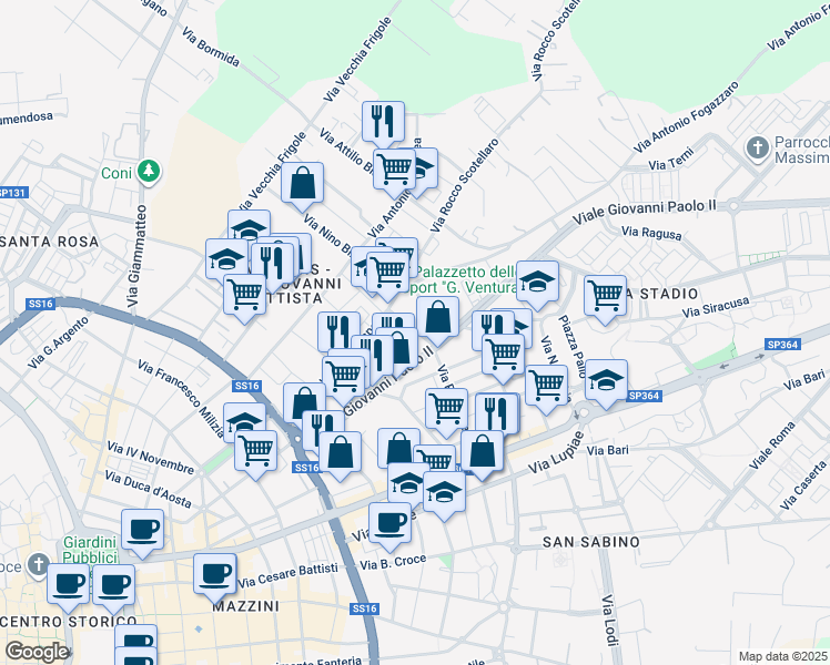 map of restaurants, bars, coffee shops, grocery stores, and more near 13 Via Stano Giovanni in Lecce