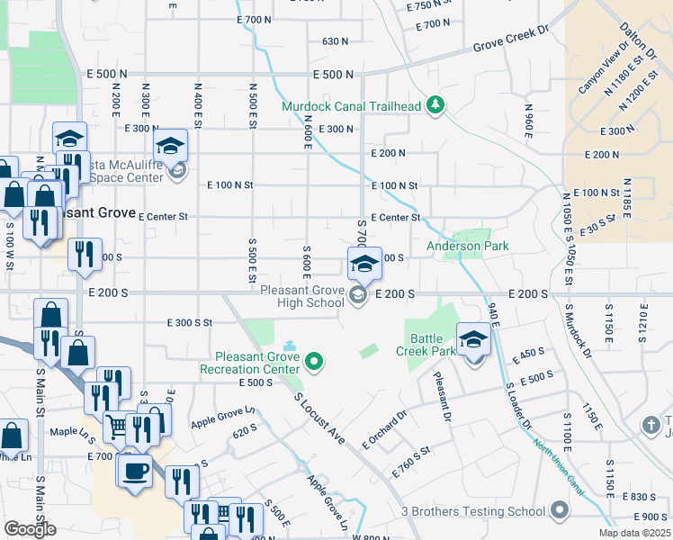 map of restaurants, bars, coffee shops, grocery stores, and more near 655 150 South in Pleasant Grove