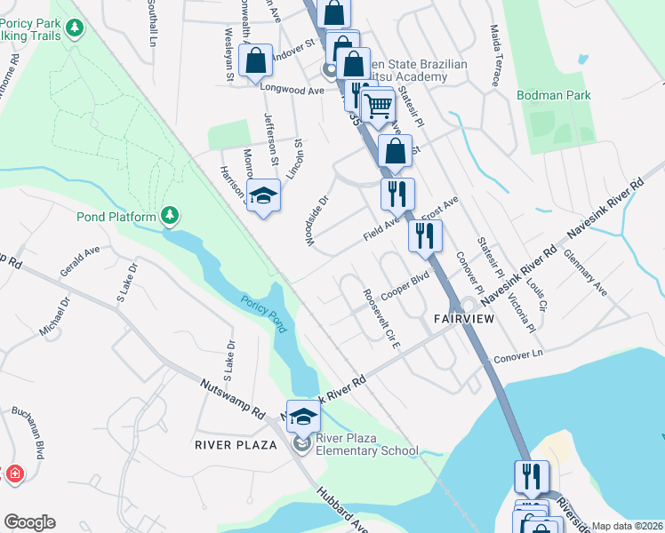 map of restaurants, bars, coffee shops, grocery stores, and more near 116 Roosevelt Circle East in Red Bank
