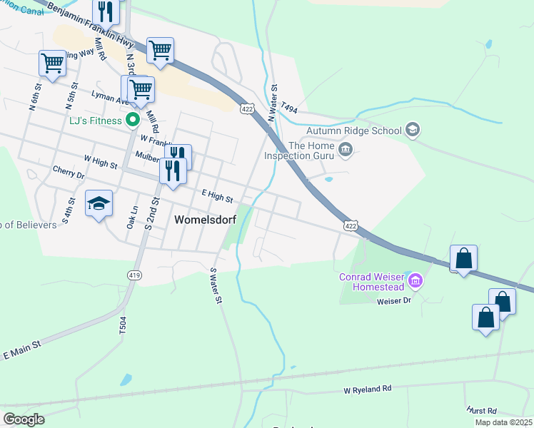 map of restaurants, bars, coffee shops, grocery stores, and more near 146 East High Street in Womelsdorf