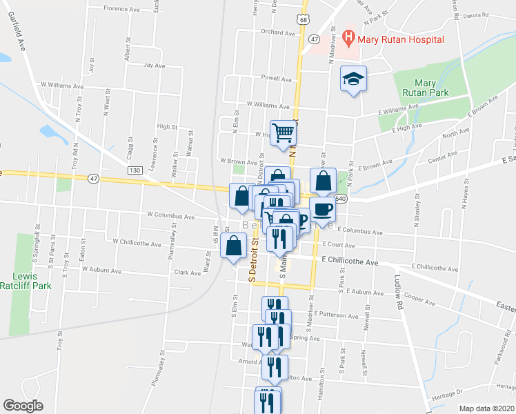 map of restaurants, bars, coffee shops, grocery stores, and more near West Watson Way in Bellefontaine