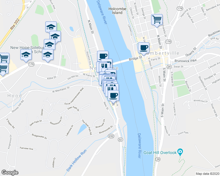 map of restaurants, bars, coffee shops, grocery stores, and more near 2 East Mechanic Street in New Hope