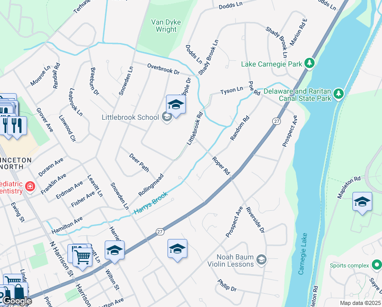 map of restaurants, bars, coffee shops, grocery stores, and more near 23 Littlebrook Road in Princeton