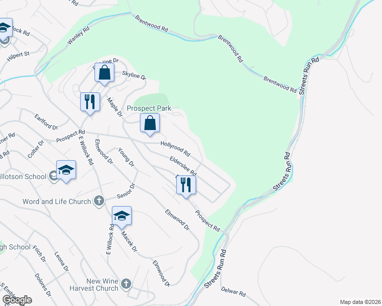map of restaurants, bars, coffee shops, grocery stores, and more near 1647 Hollyrood Road in Pittsburgh
