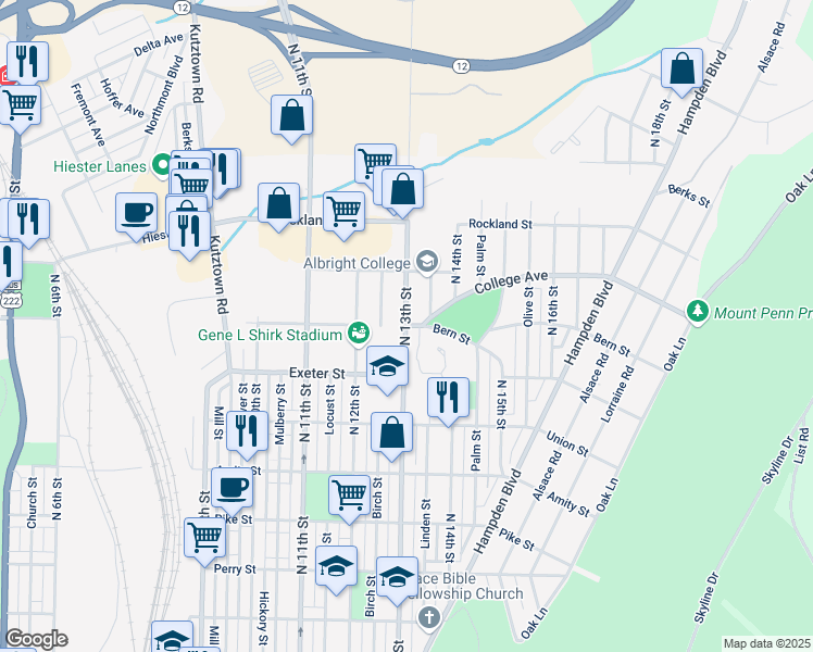 map of restaurants, bars, coffee shops, grocery stores, and more near 1621 North 13th Street in Reading