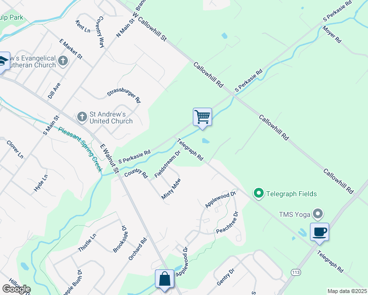 map of restaurants, bars, coffee shops, grocery stores, and more near 1224 Telegraph Road in Perkasie
