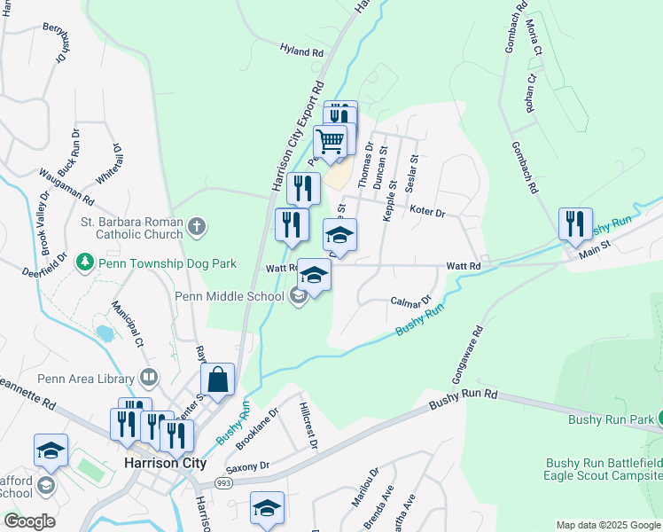 map of restaurants, bars, coffee shops, grocery stores, and more near 213 Watt Road in Jeannette