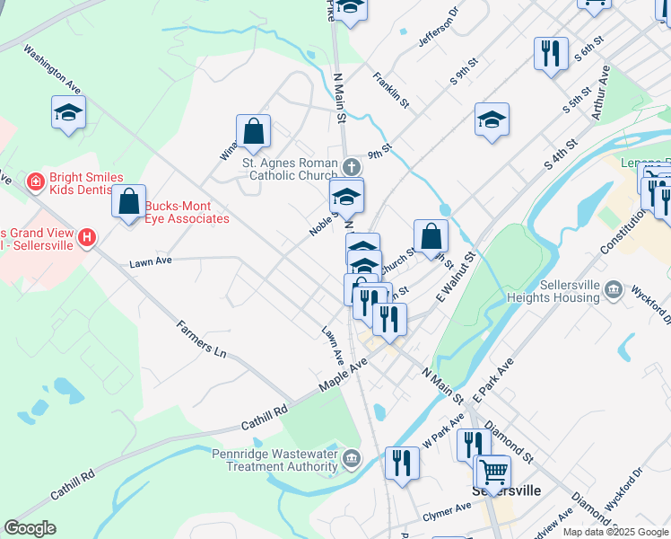 map of restaurants, bars, coffee shops, grocery stores, and more near 324 North Main Street in Sellersville