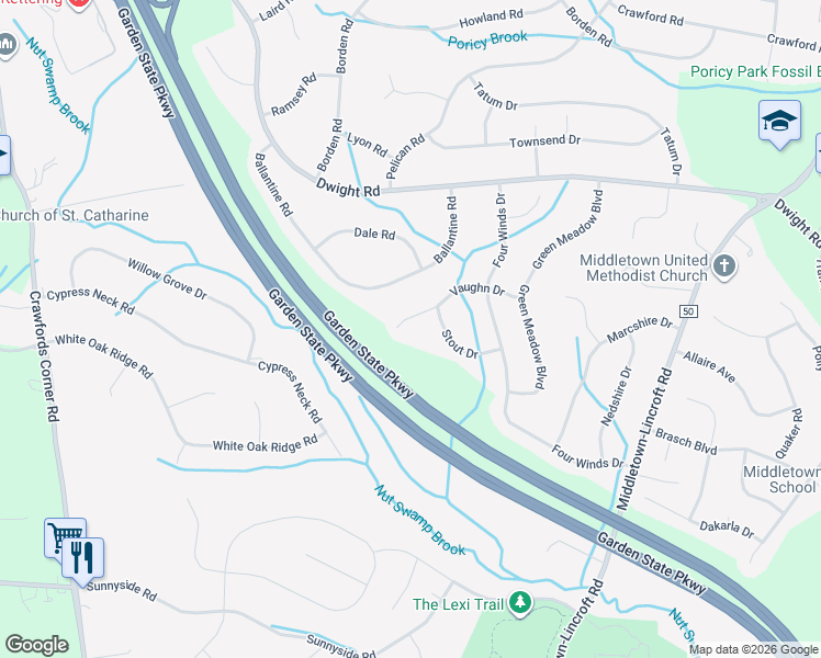 map of restaurants, bars, coffee shops, grocery stores, and more near 30 Vaughn Drive in Monmouth County