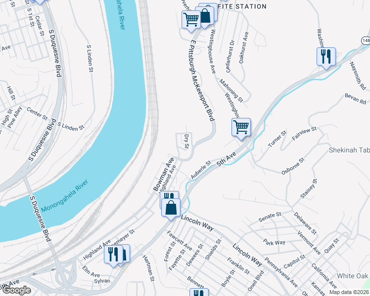 map of restaurants, bars, coffee shops, grocery stores, and more near 116 Dry Street in McKeesport