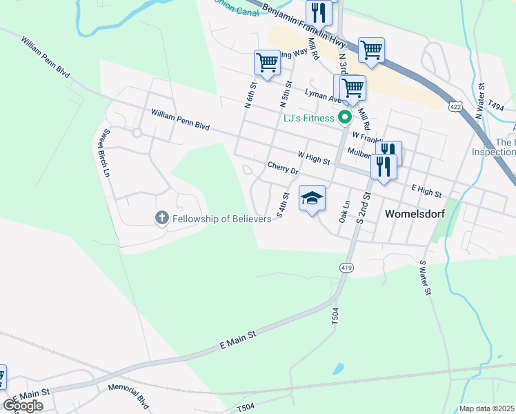 map of restaurants, bars, coffee shops, grocery stores, and more near 225 South 5th Street in Womelsdorf