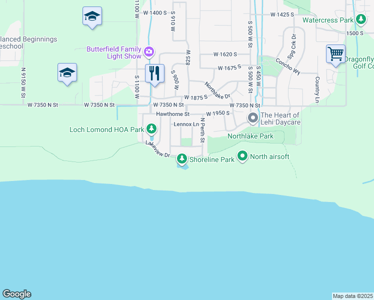 map of restaurants, bars, coffee shops, grocery stores, and more near 2232 Loch Lomond Drive in Lehi