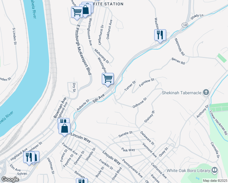 map of restaurants, bars, coffee shops, grocery stores, and more near 3200 Old 5th Avenue in North Versailles