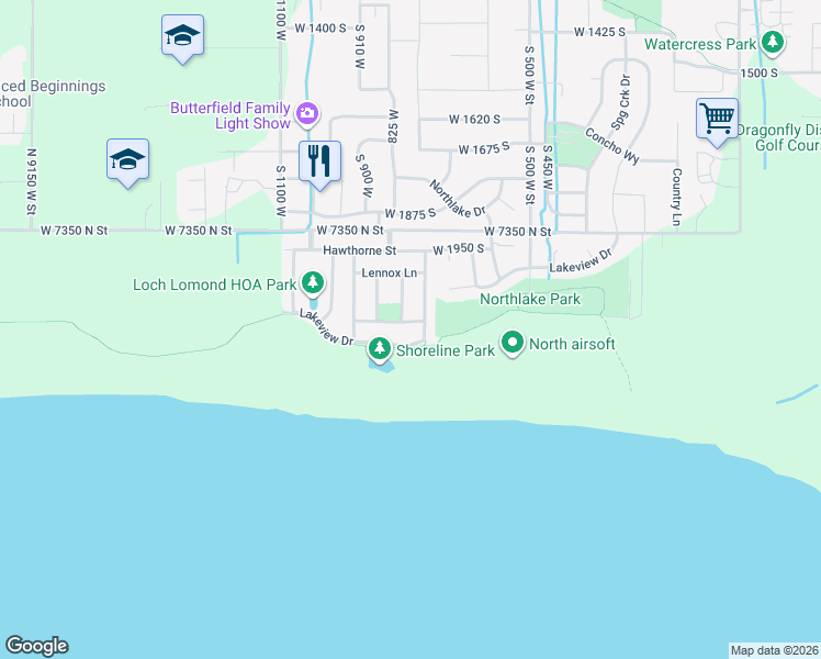 map of restaurants, bars, coffee shops, grocery stores, and more near 2264 Loch Lomond Drive in Lehi