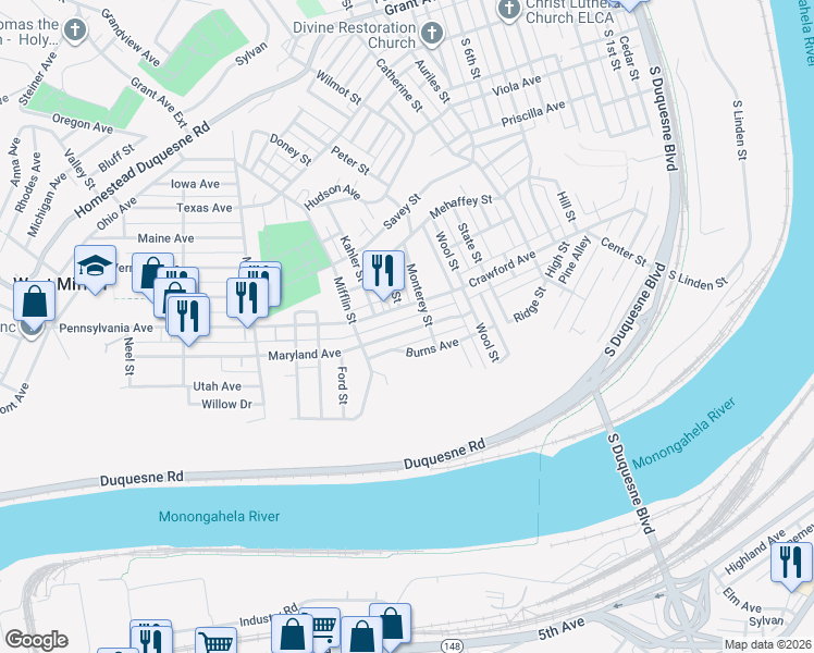 map of restaurants, bars, coffee shops, grocery stores, and more near 1109 Maryland Avenue in Duquesne