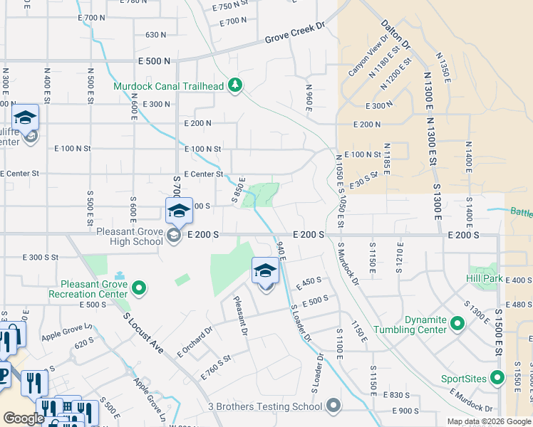 map of restaurants, bars, coffee shops, grocery stores, and more near 140 950 East in Pleasant Grove
