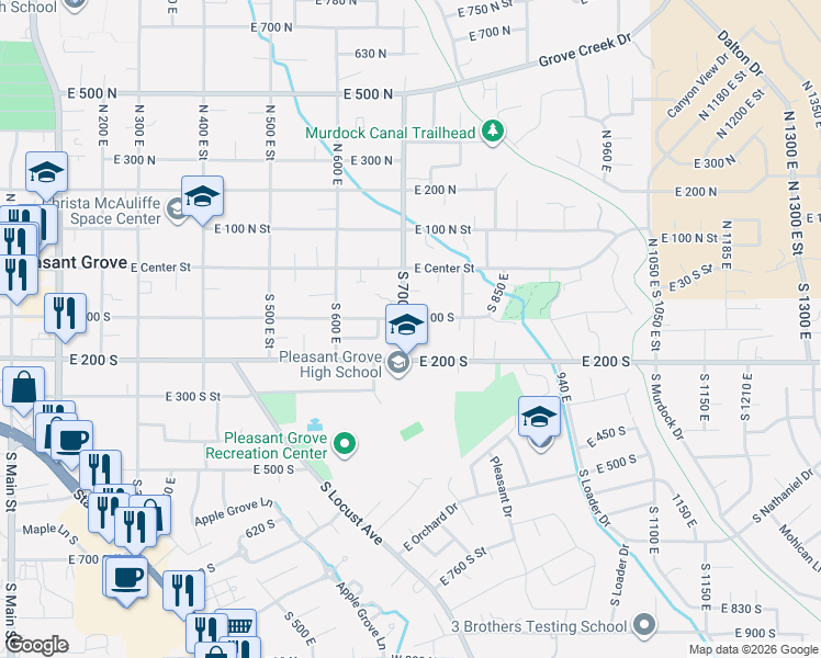 map of restaurants, bars, coffee shops, grocery stores, and more near 748 East 100 North Street in Pleasant Grove