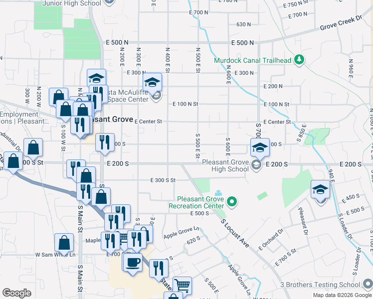 map of restaurants, bars, coffee shops, grocery stores, and more near 456 East 100 South in Pleasant Grove