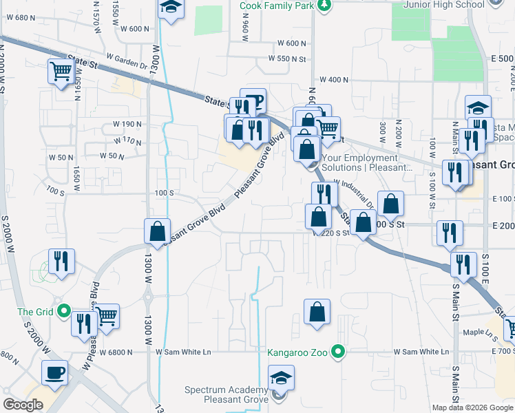 map of restaurants, bars, coffee shops, grocery stores, and more near 142 South 840 West in Pleasant Grove