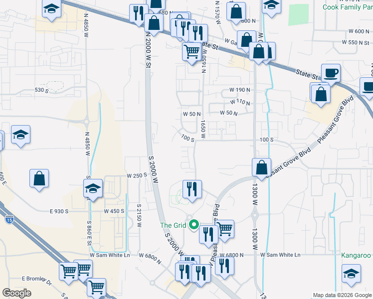 map of restaurants, bars, coffee shops, grocery stores, and more near 1798 West 120 South in Pleasant Grove