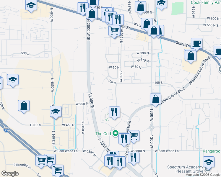 map of restaurants, bars, coffee shops, grocery stores, and more near 1798 West 120 South in Pleasant Grove