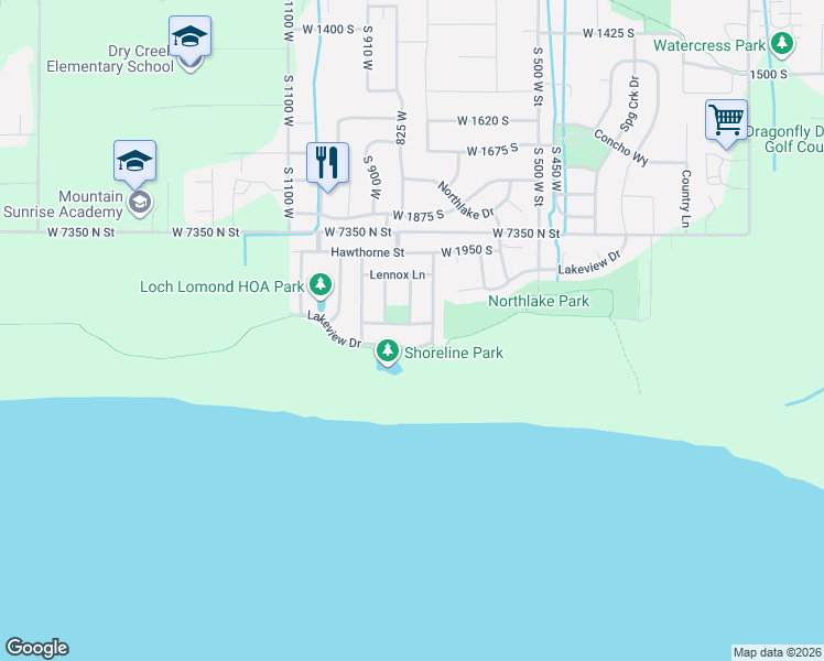 map of restaurants, bars, coffee shops, grocery stores, and more near 2256 Loch Lomond Drive in Lehi