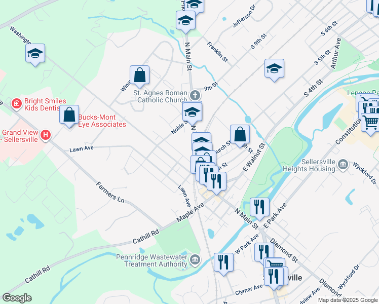 map of restaurants, bars, coffee shops, grocery stores, and more near 324 North Main Street in Sellersville