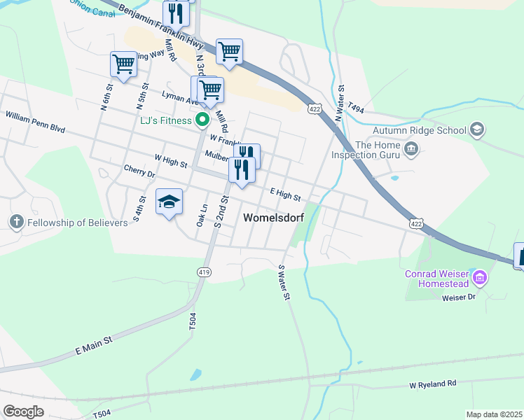 map of restaurants, bars, coffee shops, grocery stores, and more near 31 South Front Street in Womelsdorf