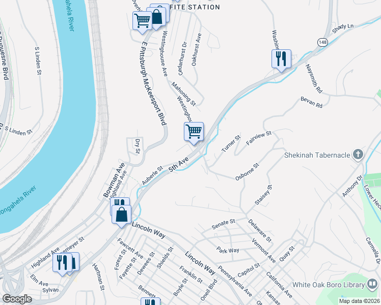 map of restaurants, bars, coffee shops, grocery stores, and more near 3109 Auberle Street in McKeesport