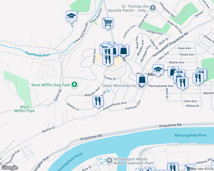 map of restaurants, bars, coffee shops, grocery stores, and more near 2215 Sunset Drive in West Mifflin