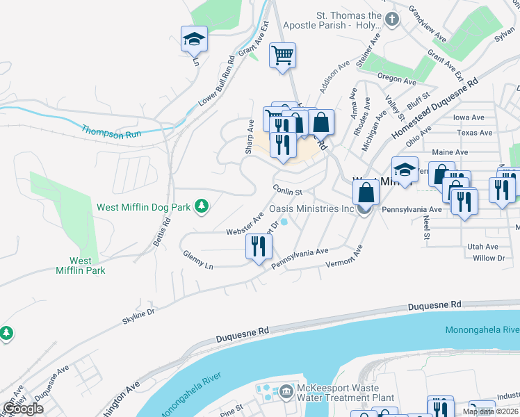 map of restaurants, bars, coffee shops, grocery stores, and more near 2311 Webster Avenue in West Mifflin