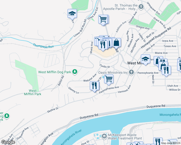 map of restaurants, bars, coffee shops, grocery stores, and more near 2818 Glenny Lane Extension in West Mifflin