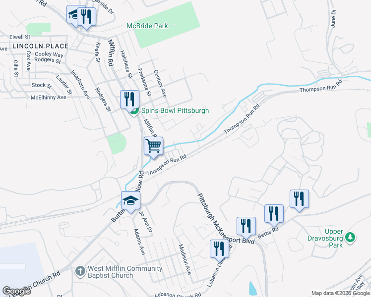 map of restaurants, bars, coffee shops, grocery stores, and more near 1058 Thompson Run Road in West Mifflin